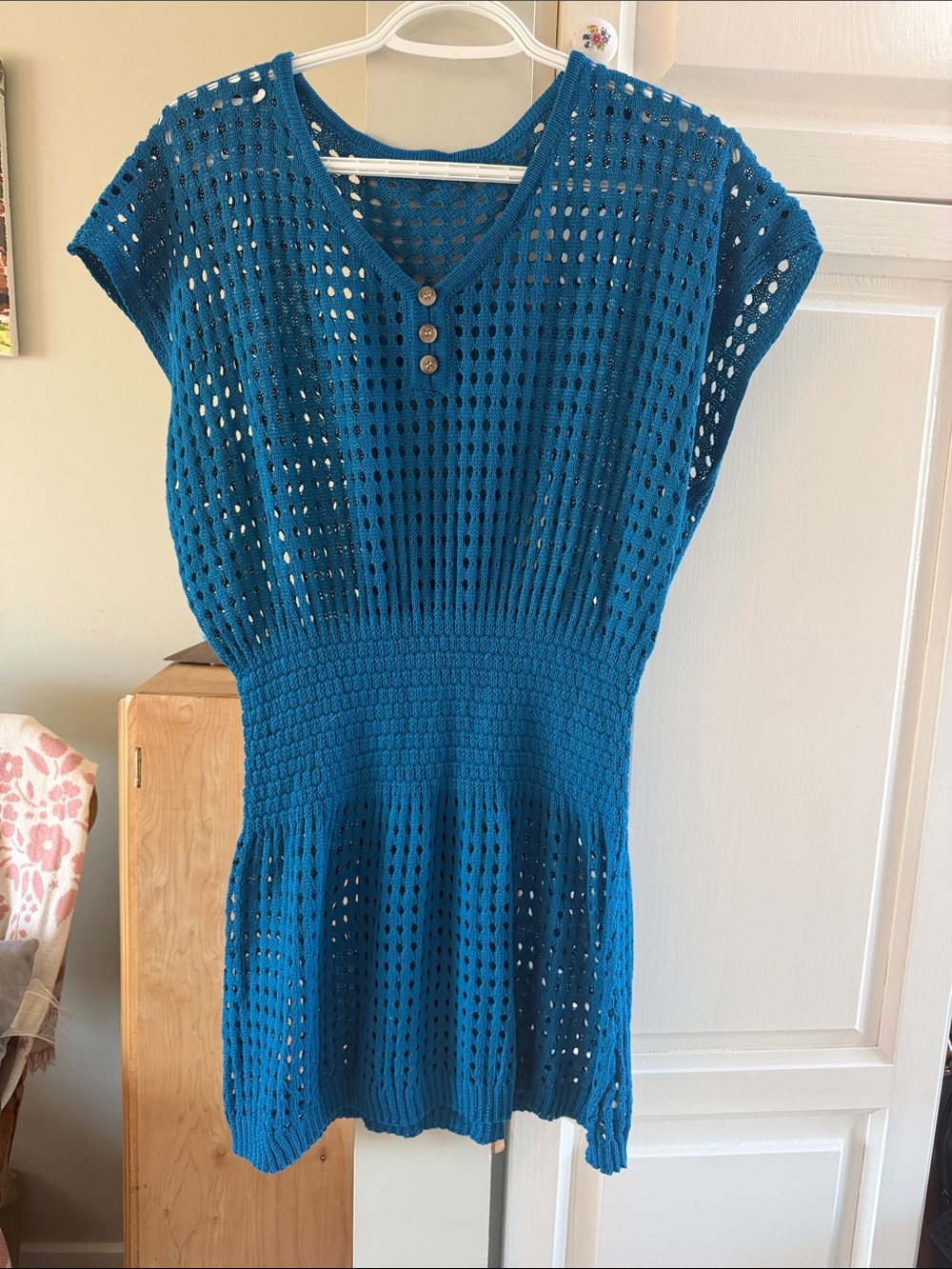 SHEIN Teal Open-Knit Button V-Neck Swim Coverup